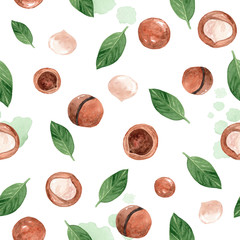 Handdoek met foto Aquarel bladerprint patronen Macadamia noten en groene bladeren  © dreamloud