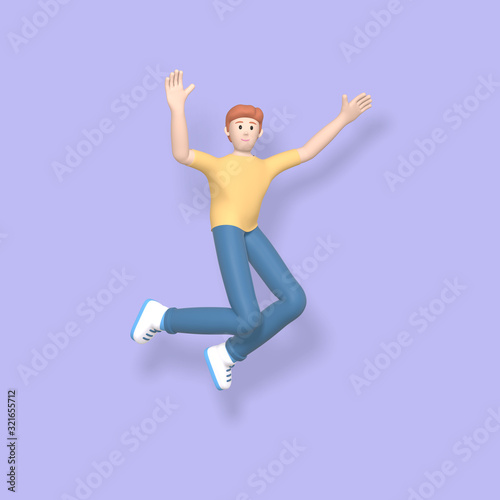 3D rendering character a young, happy, cheerful guy jumping and dancing on a purple background. Abstract minimal concept youth, college, school, happiness, success, victory.