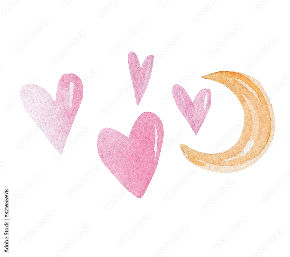watercolor yellow moon with pink hearts set isolated on white background. Perfect for print, wrapping paper, cards, textile watercolor yellow moon with pink hearts set isolated on white background. Perfect for print, wrapping paper, cards, textile
