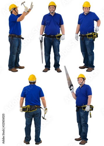 collection set of construction man workers in blue shirt with Protective gloves, helmet with tool belt hand holding Construction tools isolated on white