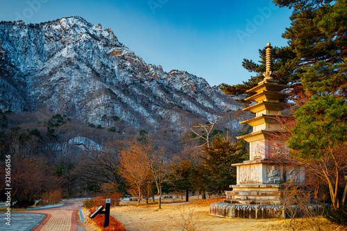 Dawn glow on the mountains and monuments at Seoraksan National Park