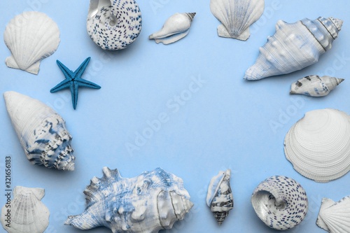 Sea Shells, starfish in shape frame. trendy aquamarine light blue pastel color Hello summer background concept. Top view with copy space