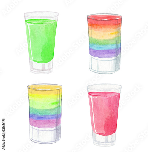 watercolor hand drawn shot cocktail set isolated on white background