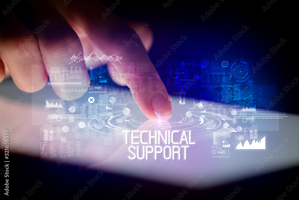 Finger touching tablet with web technology icons and TECHNICAL SUPPORT inscription Finger touching tablet with web technology icons and TECHNICAL SUPPORT inscription