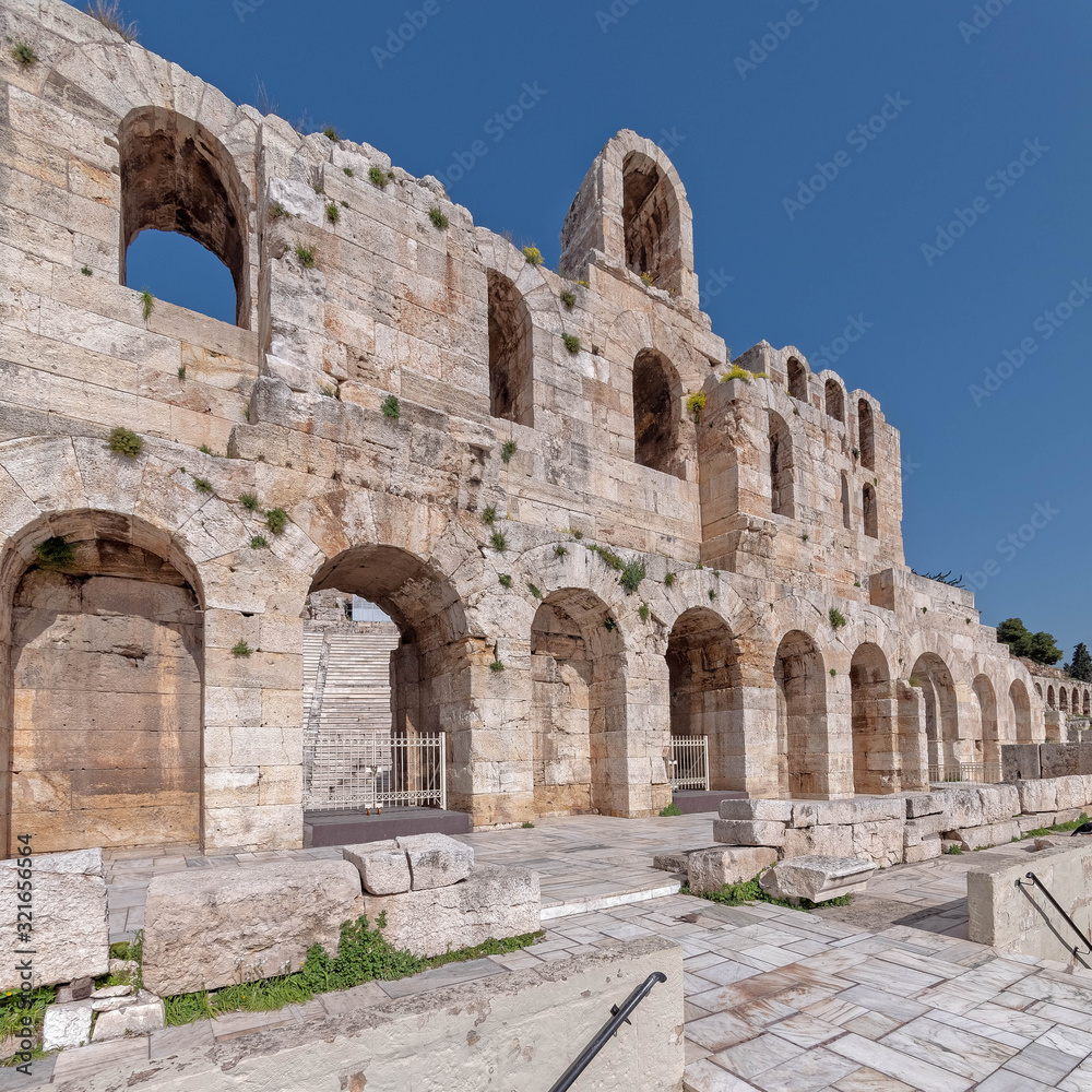 Athens Greece, Herodium ancient roman theater arched front facade