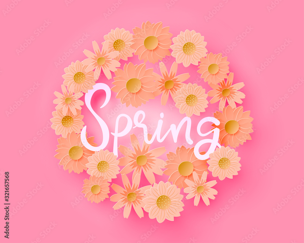 Spring banner with flower in paper cut and craft style. Vector illustration. Spring season.