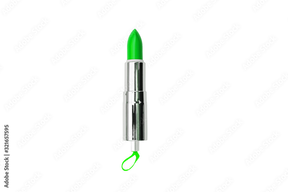 Green lipstick on a white background. Attributes of female cosmetics. Cosmetic product for makeup.