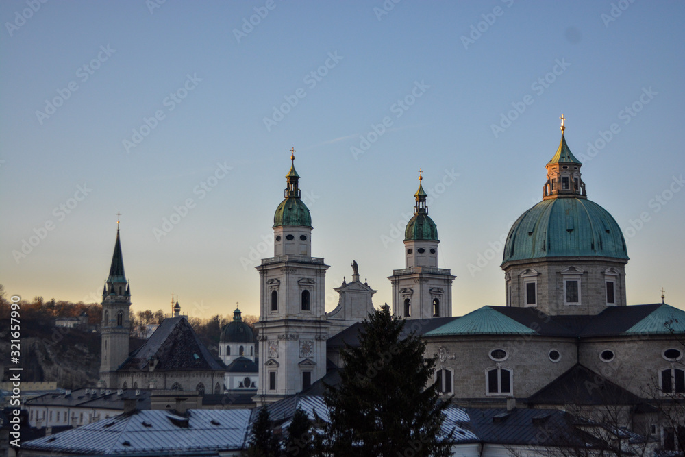 The Salzburg Cathedral (Salzburger Dom) on a sunny day at dawn