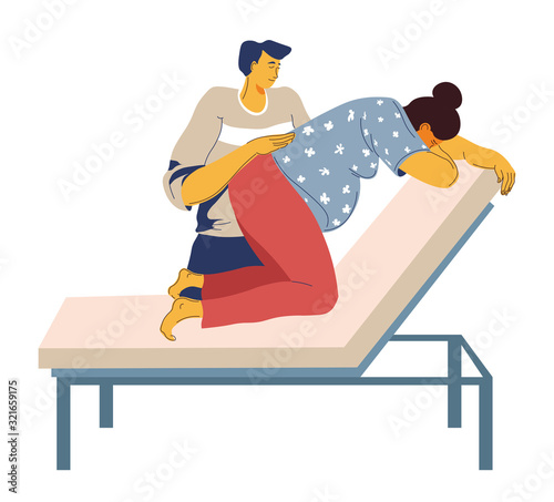 Childbirth and contractions, birth giving position, man and woman