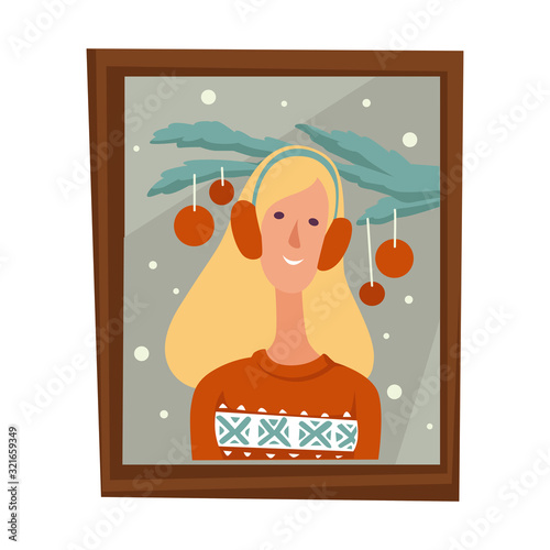 Woman Christmas photo in frame, family member photography, isolated icon