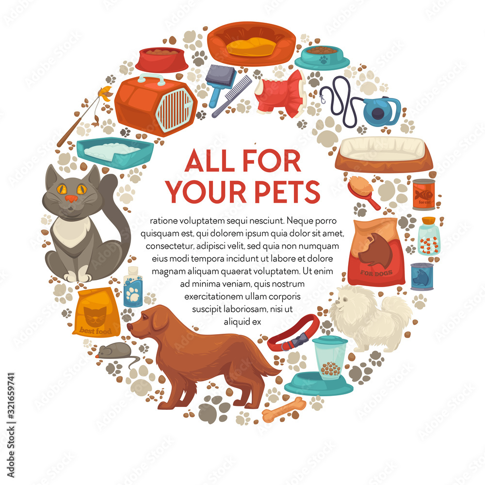 Fototapeta premium Dog and cat food and care products, pet shop or vet store