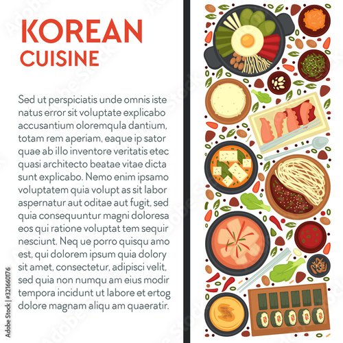 Korean cuisine banner template with traditional dishes icons and text