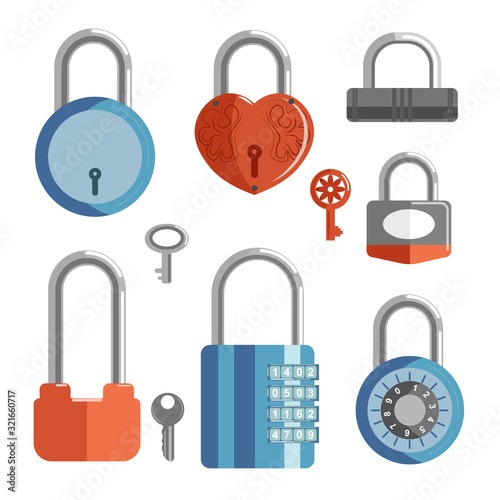 Locks with keys and closed padlocks in different shapes collection