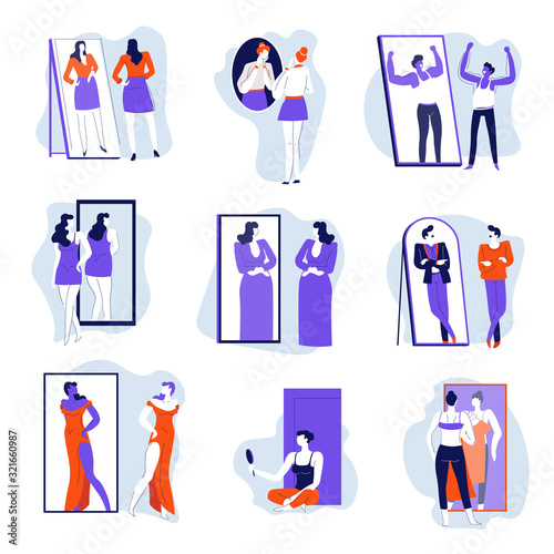 Mirror and people looking at reflection isolated icons, self rejection or acceptance