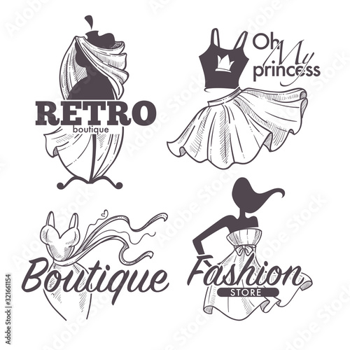 Boutique or female clothes shop isolated sketch icons