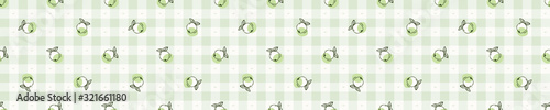 Hand drawn whimsical apple gingham seamless border pattern. Vector vintage check fruit banner background. Hand drawn sketchy endless washi masking tape. Home grown self sufficient garden edging