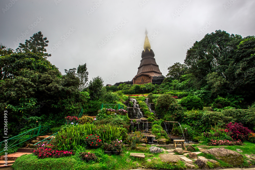 Background view of close-up tourist attractions,Landmark in Chiang Mai, near Doi Inthanon(Pra Mahatat Noppamethanedon and Pra Mahatat Nopphonphusiri),Thailand.