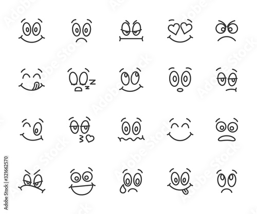 Vector set of cartoon faces line icons. Contains icons smile, sadness, indifference, laughter, fear, cry, sleep and more. Pixel perfect.