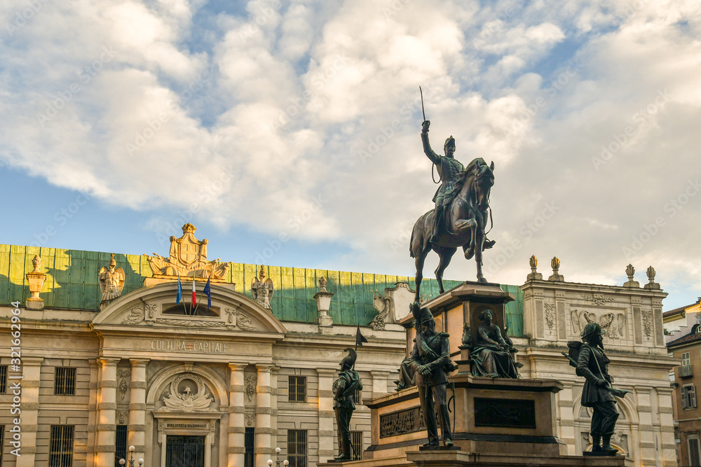 The equestrian monument of king Carlo Alberto of Savoia, created between 1856 and 1860 by Carlo Marocchetti and placed in 1861 in the homonym square in the city centre, Turin, Piedmont, Italy 