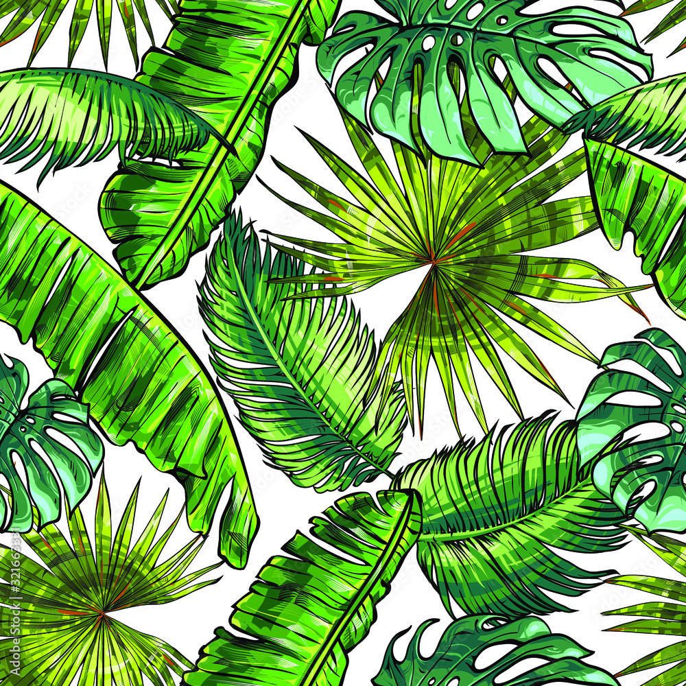 Fototapeta Seamless texture on the theme of the tropics, jungle from palm leaves, monstera, banana