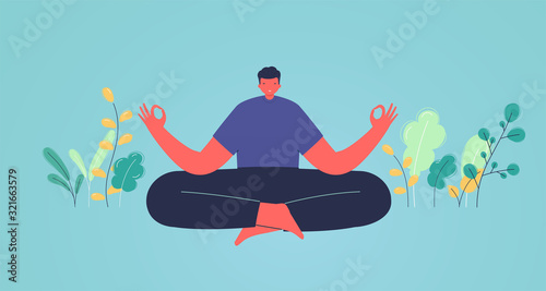 Man in lotus position meditation. Concept of energy charge and relaxation, business solutions.