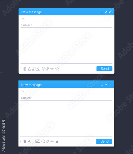 Email message interface, sending form. Blank page email box design.
