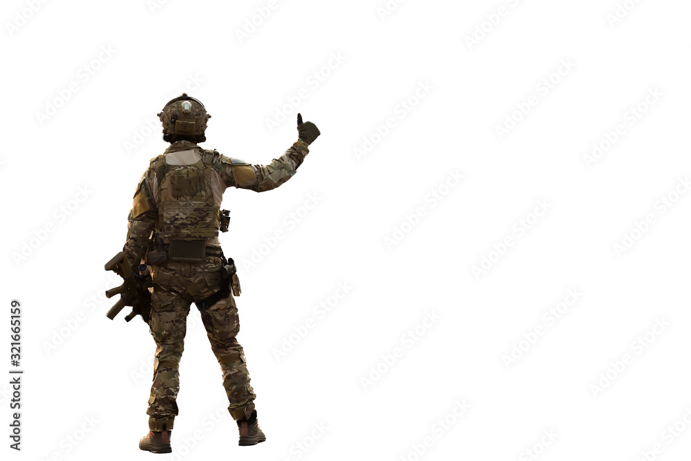 Soldier isolated on white background.Soldier with machine gun patrolling Soldier isolated on white background.Soldier with machine gun patrolling