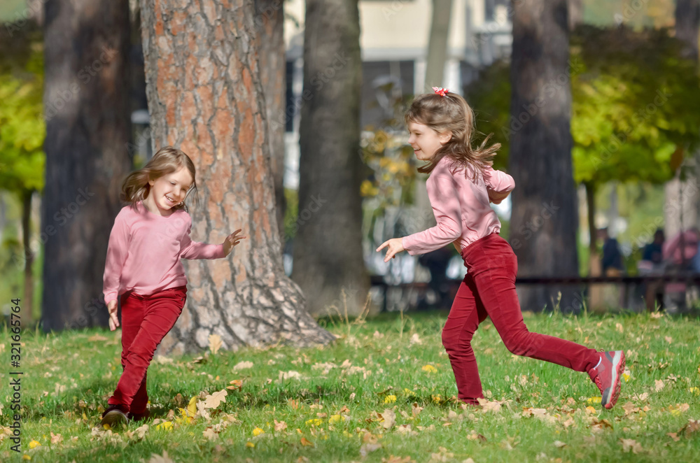 Two little sisters has fun outdoors in the park on a warm autumn day. The concept of a happy carefree childhood. Two little sisters has fun outdoors in the park on a warm autumn day. The concept of a happy carefree childhood.
