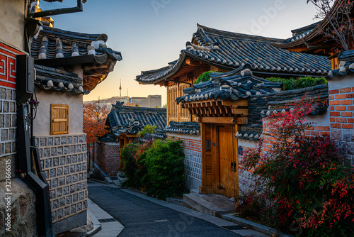 The quiet streets of Bukchon Hanok Village in Seoul Korea