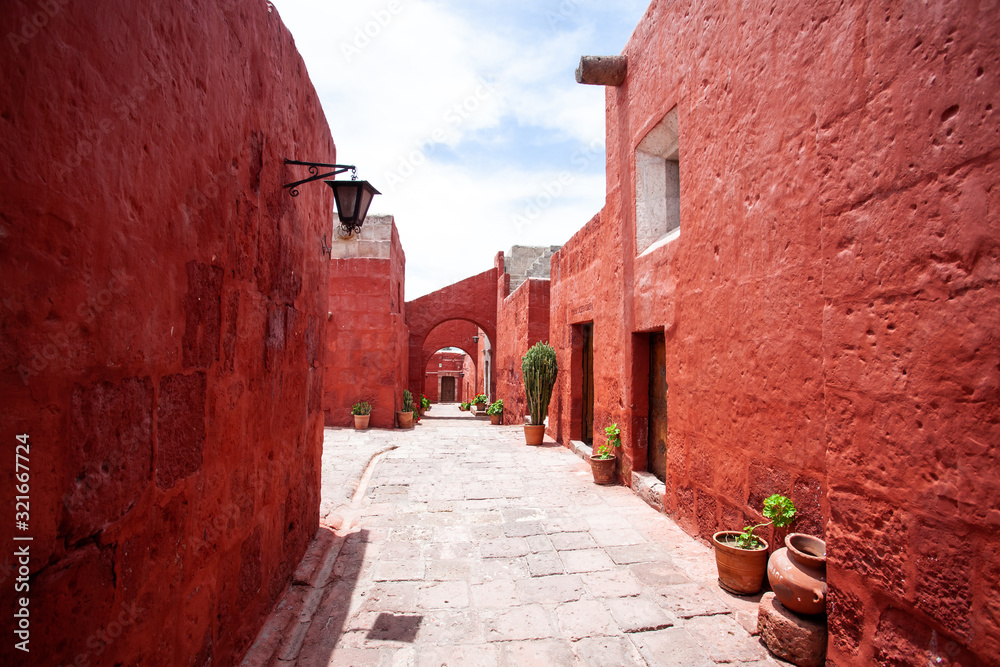 Arches on the streets in the monastery of Santa Catalina, Arequipa, Peru, large cacti and geraniums in pots.