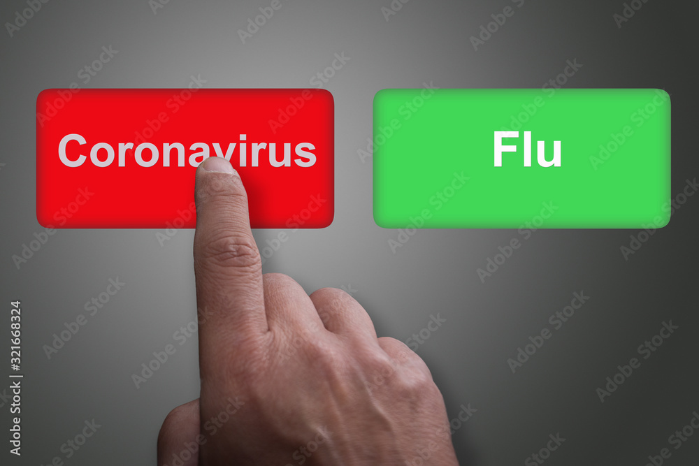 Buttons with written Coronavirus and Flu and pointing finger, on a gray gradient background, on infected Buttons with written Coronavirus and Flu and pointing finger, on a gray gradient background, on infected