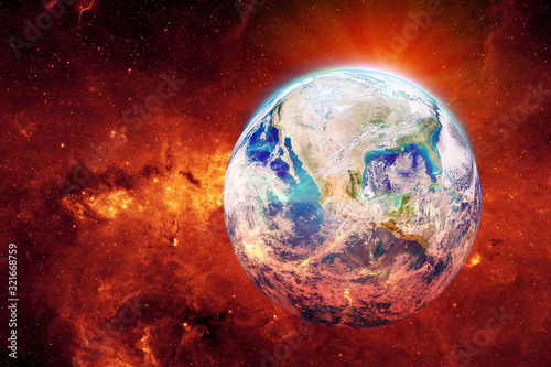 Global Warming and Pollution Concept : Blue planet earth warming and red fire growing around earth. (Elements of this image furnished by NASA.)