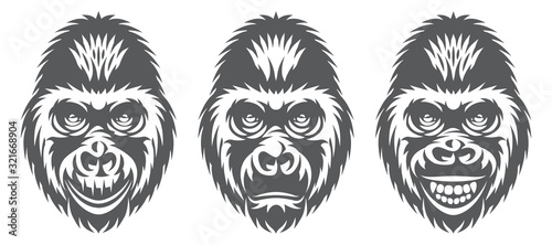 Vector monochrome set of three gorilla heads with different facial expressions