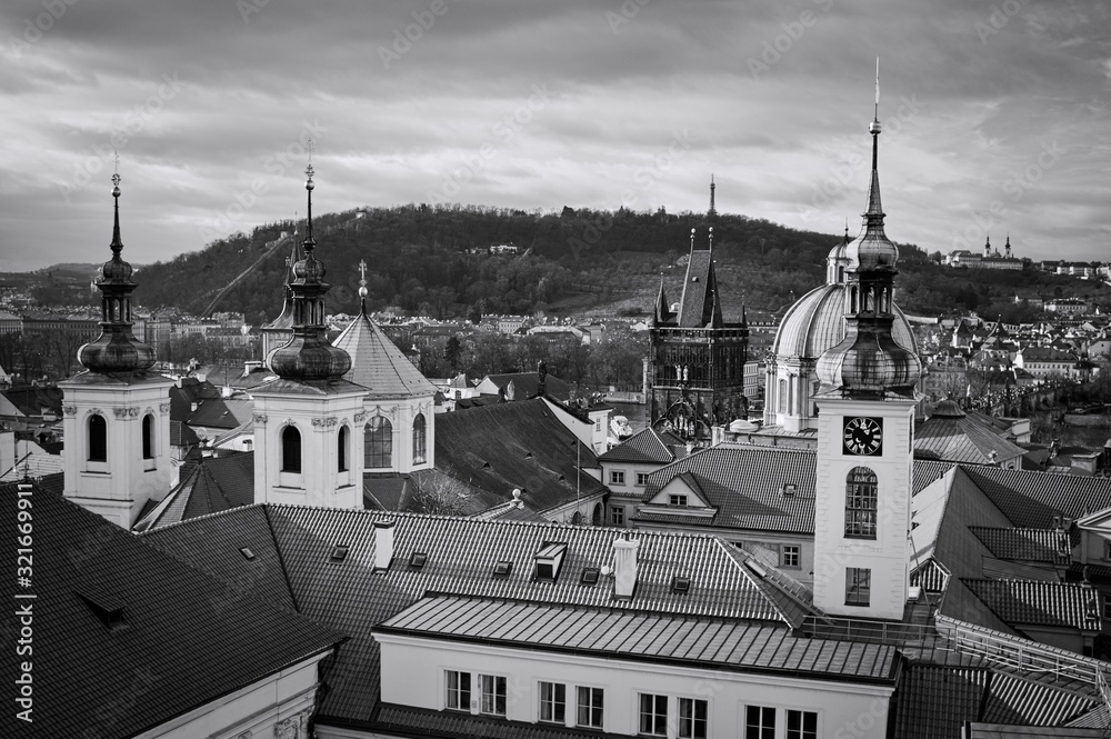 Panoramic view of the towers and spires of the historical buildings of Prague (Czech Republic, Europe)