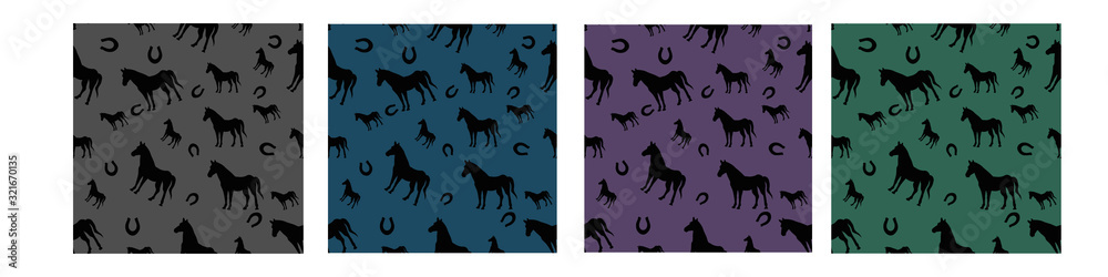 Set seamless pattern with horse and horseshoe Animals illustration Vector card on color background for design, kids decor, wrapping, textile