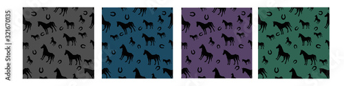 Set seamless pattern with horse and horseshoe Animals illustration Vector card on color background for design, kids decor, wrapping, textile
