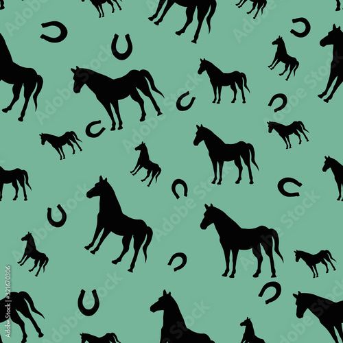 Seamless pattern with horse and horseshoe Animals illustration Vector card on color background for design  kids decor  wrapping  textile