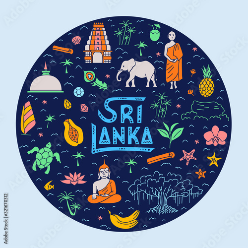 Round sticker with the main attractions and symbols of Sri Lanka. Bright vector illustration on a dark background with lettering. Stylized map of the country. Printable template.