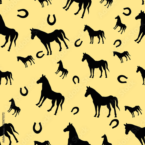 Fototapeta Naklejka Na Ścianę i Meble -  Seamless pattern with horse and horseshoe Animals illustration Vector card on color background, desing for post card , kids decor, wrapping, textile