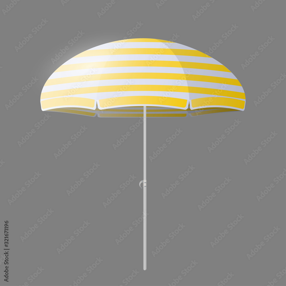 Realistic beach umbrella vector. Sun umbrella with yellow stripes.