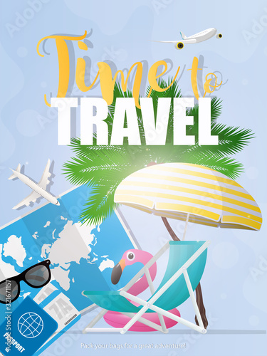 Time to travel. The banner is blue. World map, sun glasses, airplane thumbnail, beach deck chair and umbrella. An inflatable circle in the form of a pink flamingo. Vector illustration.