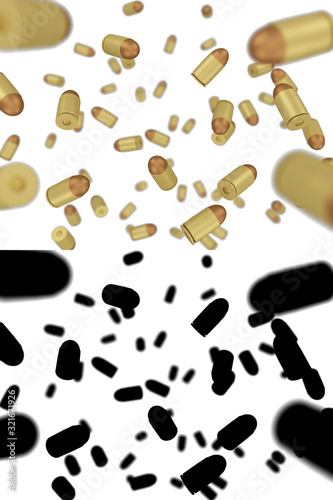 Background of pistol cartridges, with the effect of depth of field. Completed with a black mask.