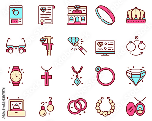 Jewelry color linear vector icons set.