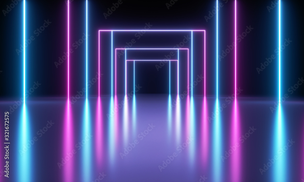 Blue and purple luminous fluorescent neon lights. Pure reflective dark metal surface. Sci Fi futuristic stage empty background. 3d rendering - illustration.