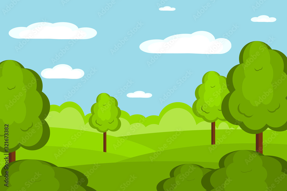 Landscape from fantasy compositions. Sea with mountains and trees in a minimal style. Flat design, vector illustration Landscape from fantasy compositions. Sea with mountains and trees in a minimal style. Flat design, vector illustration