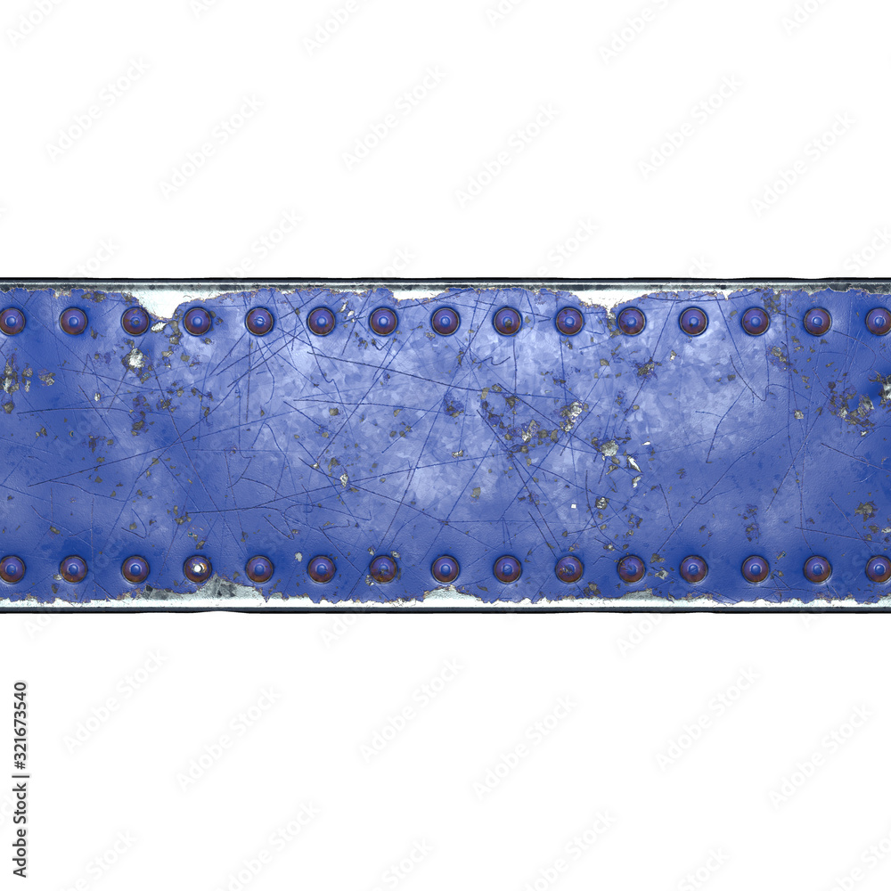 Strip of metal with rivets painted blue in the shape of a rectangle in the center on white background 3d