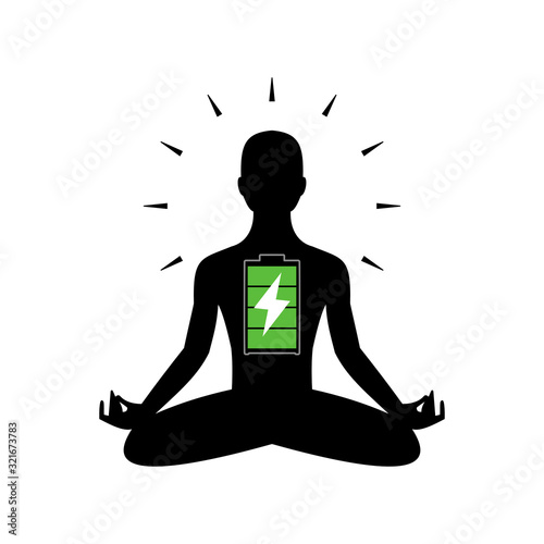 Battery with meditating man. Flat style illustration. Isolated on white background. 
