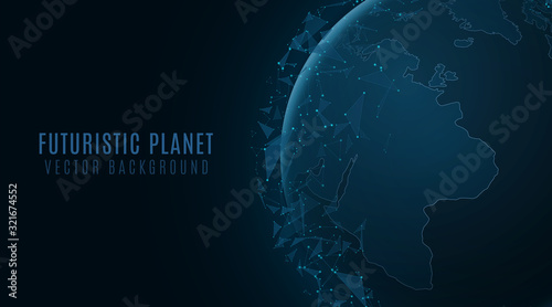 Futuristic planet Earth with glowing plexus triangles. Abstract global world. Background for your scientific or business project. Vector illustration