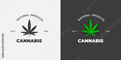Graphic label with a green leaf of marijuana on a white and black background.