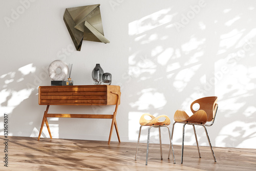 White minimalistic interior with wooden floor and mid century Scandinavian furniture 3d render